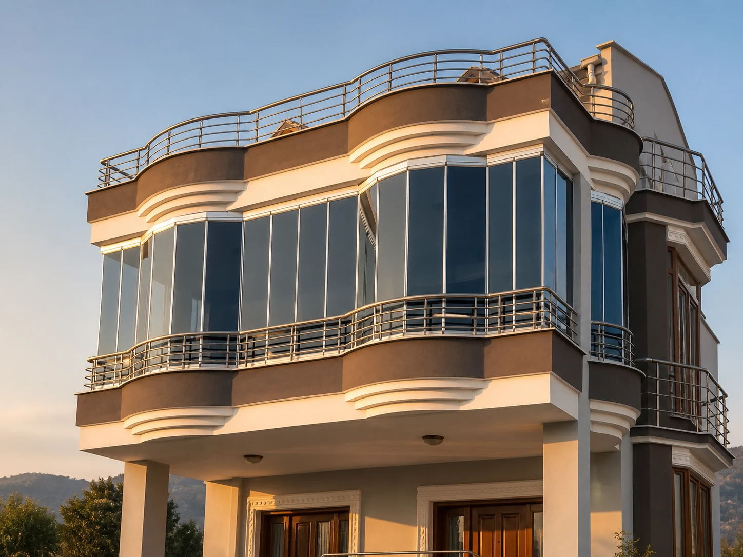 Geniş kavisli cam balkon cephesi