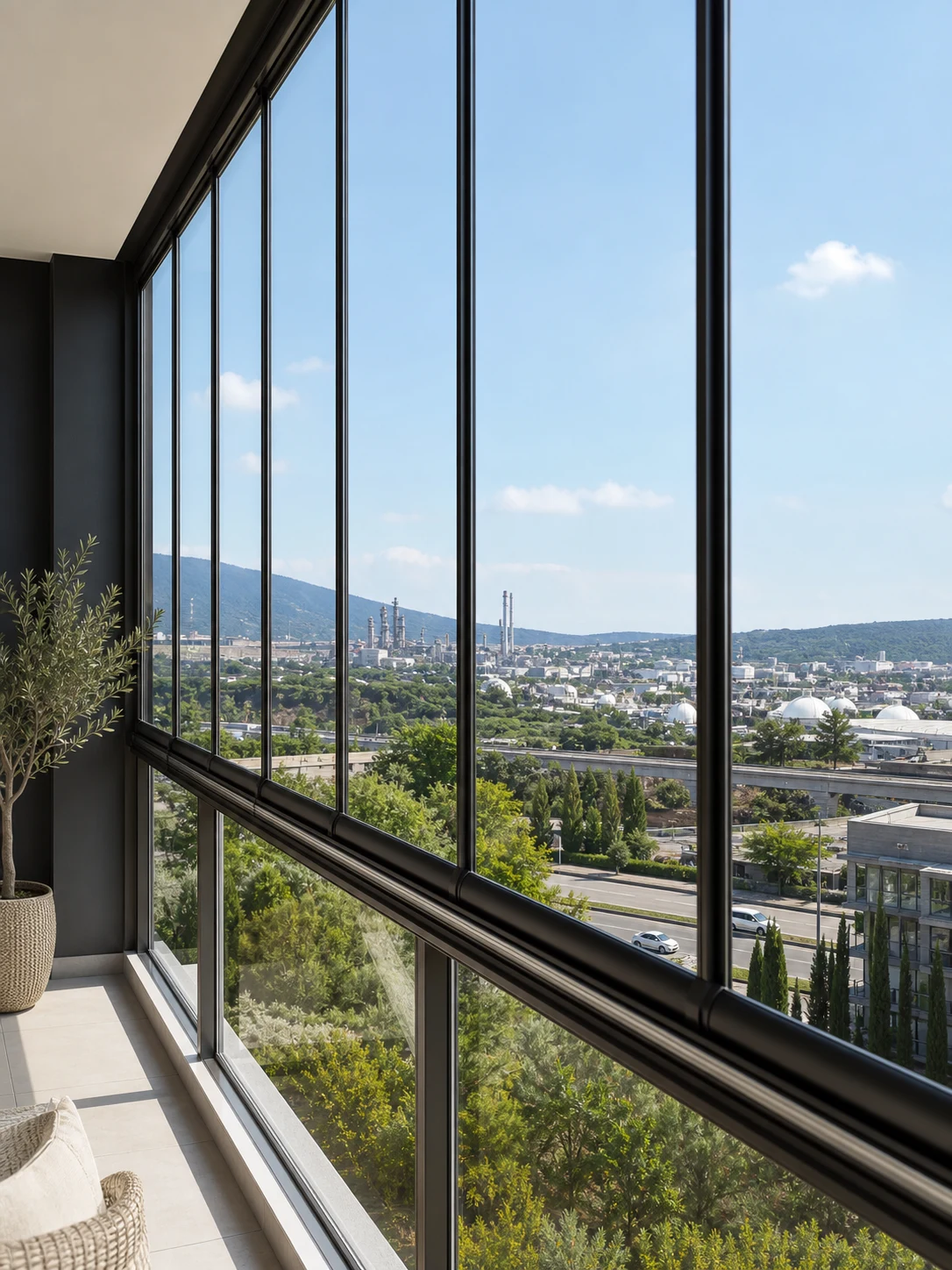 Cam balkon içinden şehir manzarası