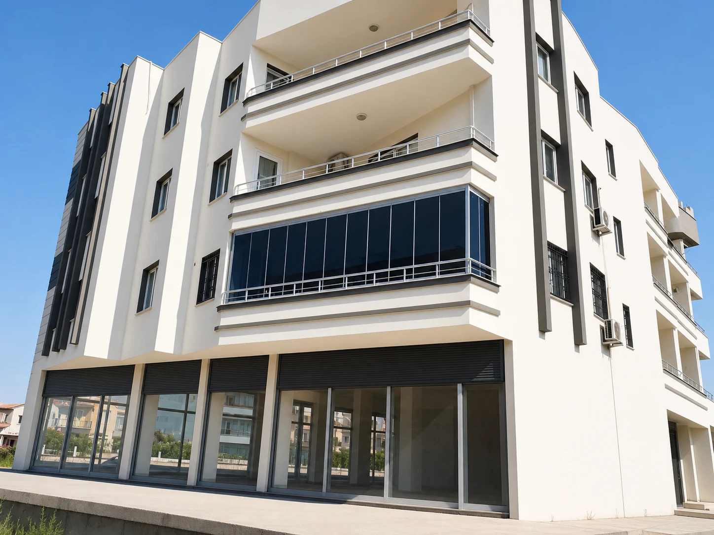 Modern binada koyu cam balkon uygulaması